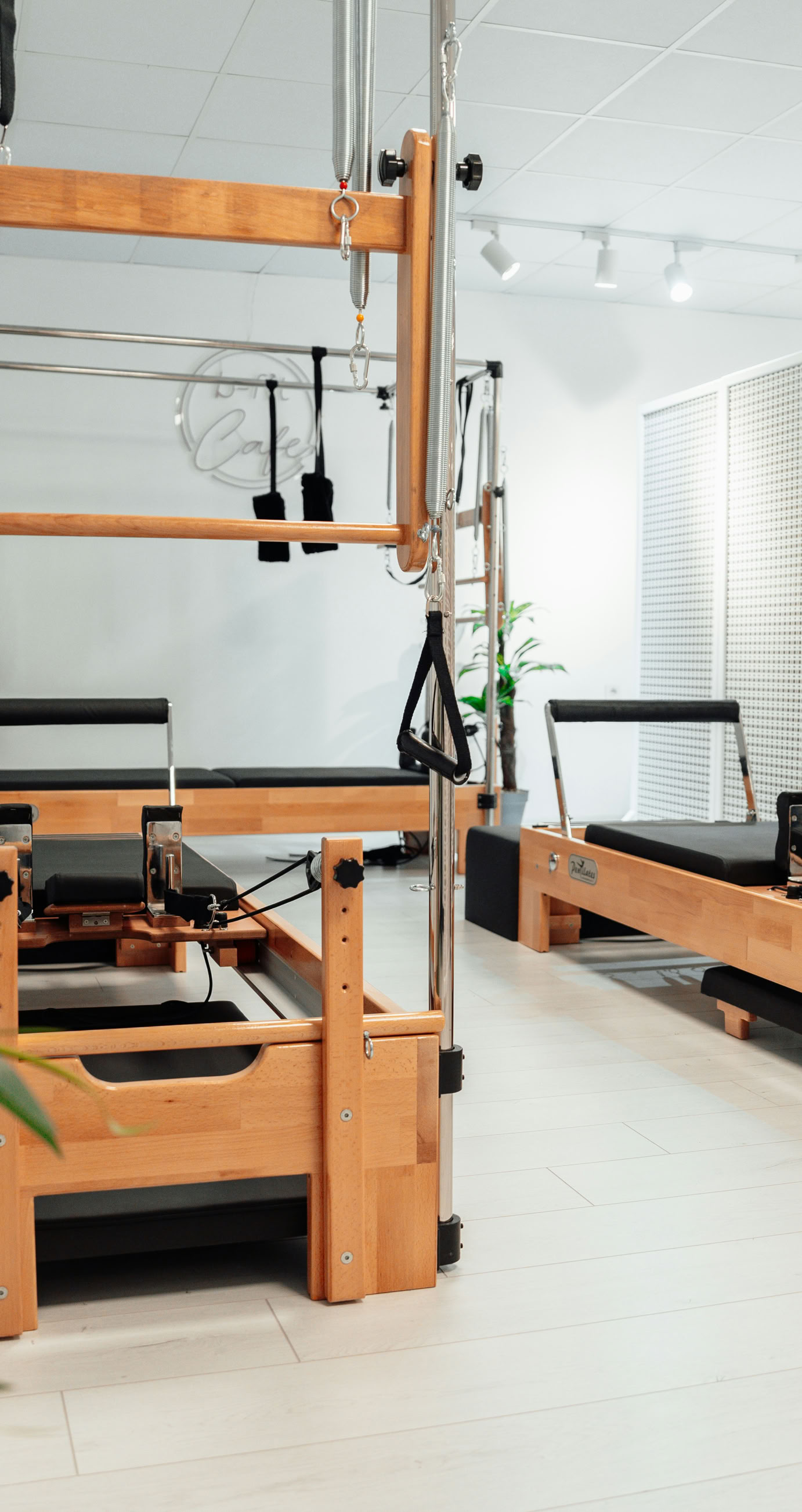 Salle de sport avec des appareils de Pilates en bois, entourés de plantes vertes.